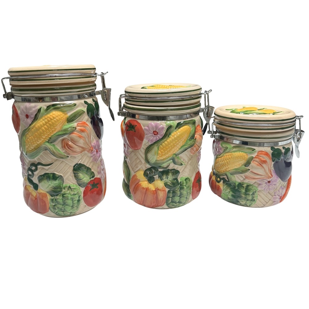 Vintage Gourmet Home Accents Ceramic Canister 3 pc Set Sculpted Fruit Colorful - Picture 2 of 16